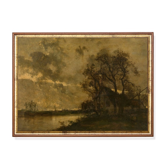 Printed And Shipped Vintage Landscape Painting Moody Rustic Print Dark Academia Sunset Print Country Farmhouse Decor Fine Art