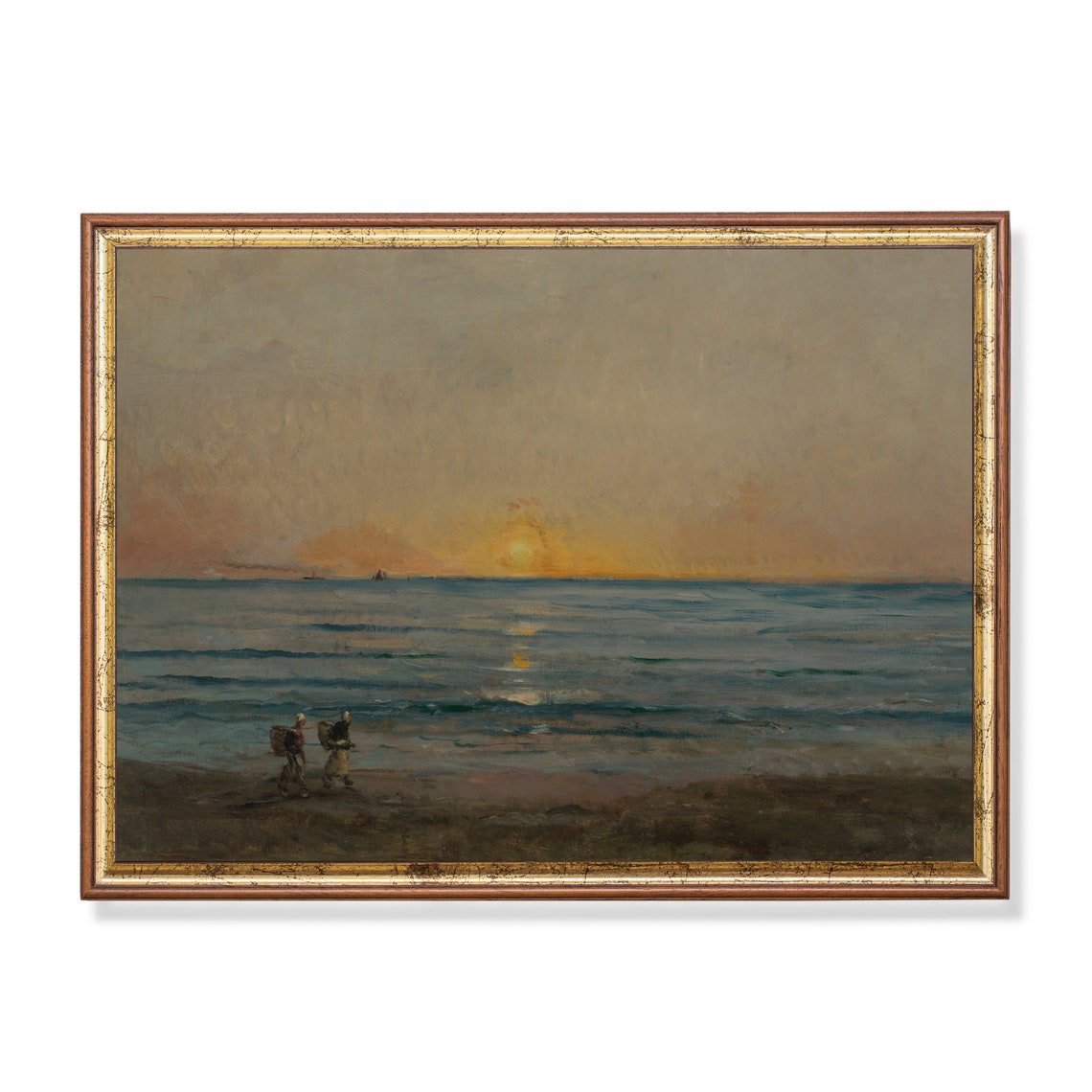 Two Small Figures Walking Along the Beach at Sunset Vintage Poster