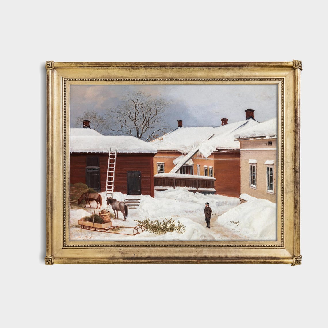 Snowy Farmyard Horses Sleigh Icicle Roofs Winter Scene Poster - Image 4
