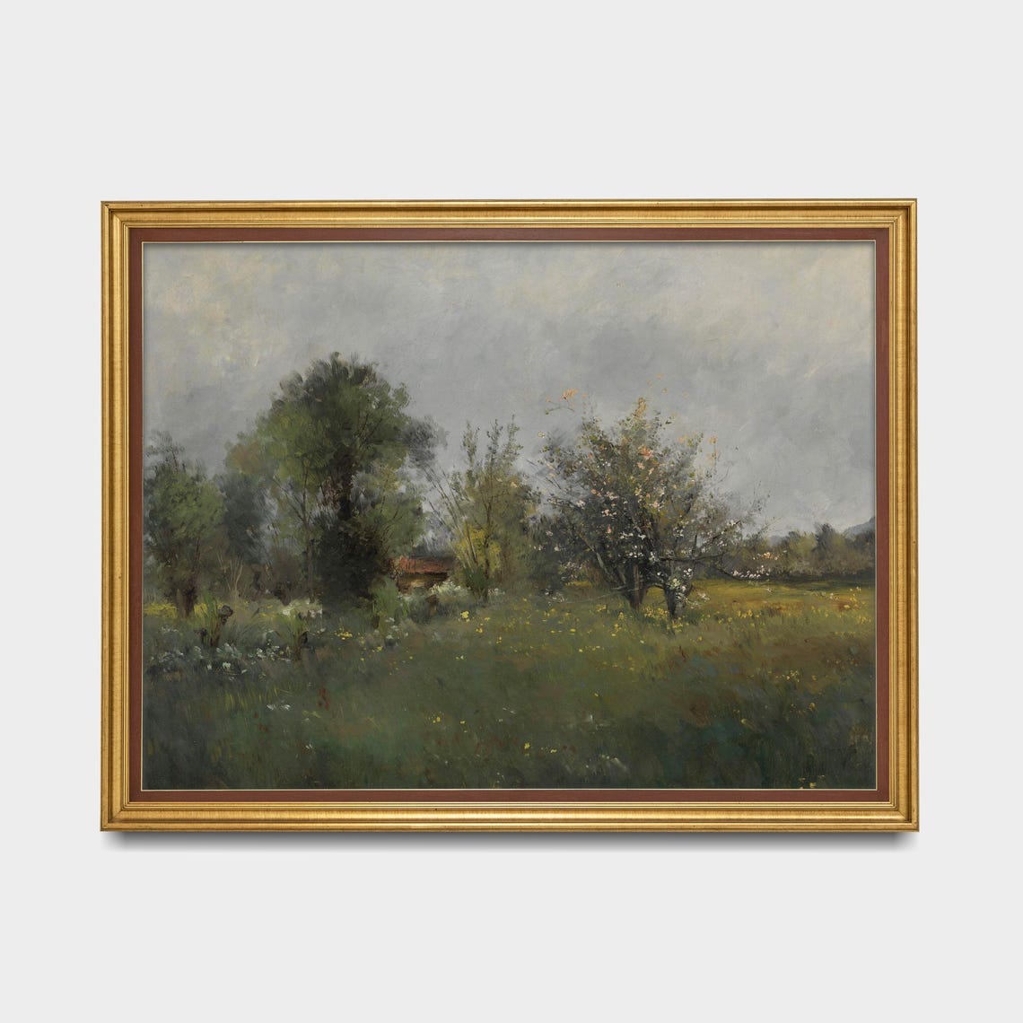 Green Meadow with Trees and a Distant Farm Vintage Landscape Poster - Image 5