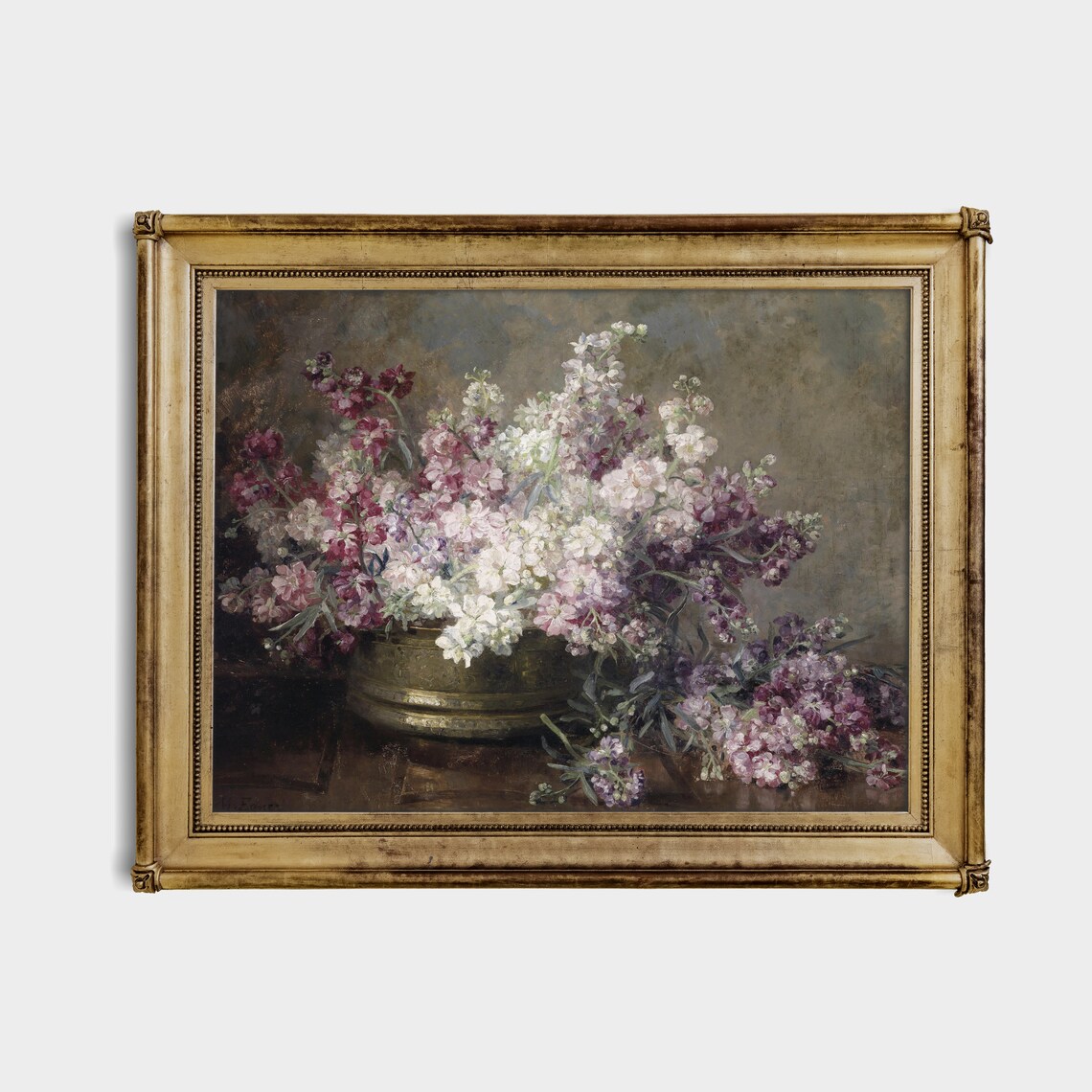 Pink And White Stocks In Brass Bowl Vintage Floral Still Life Poster - Image 2