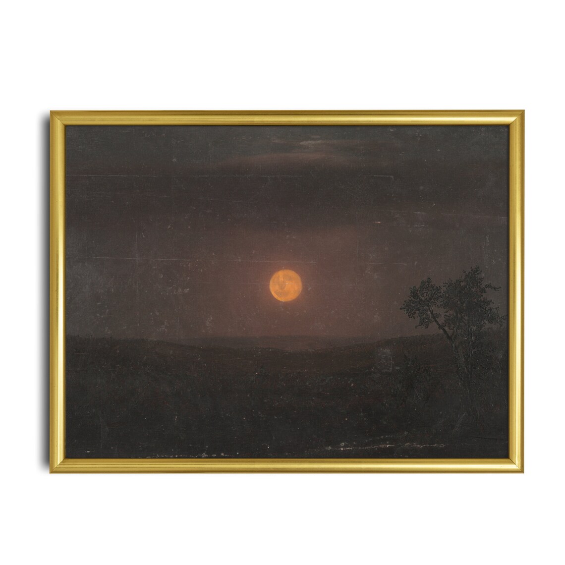 Full Orange Moon Over Dark Night Landscape Vintage Nocturne Oil Poster