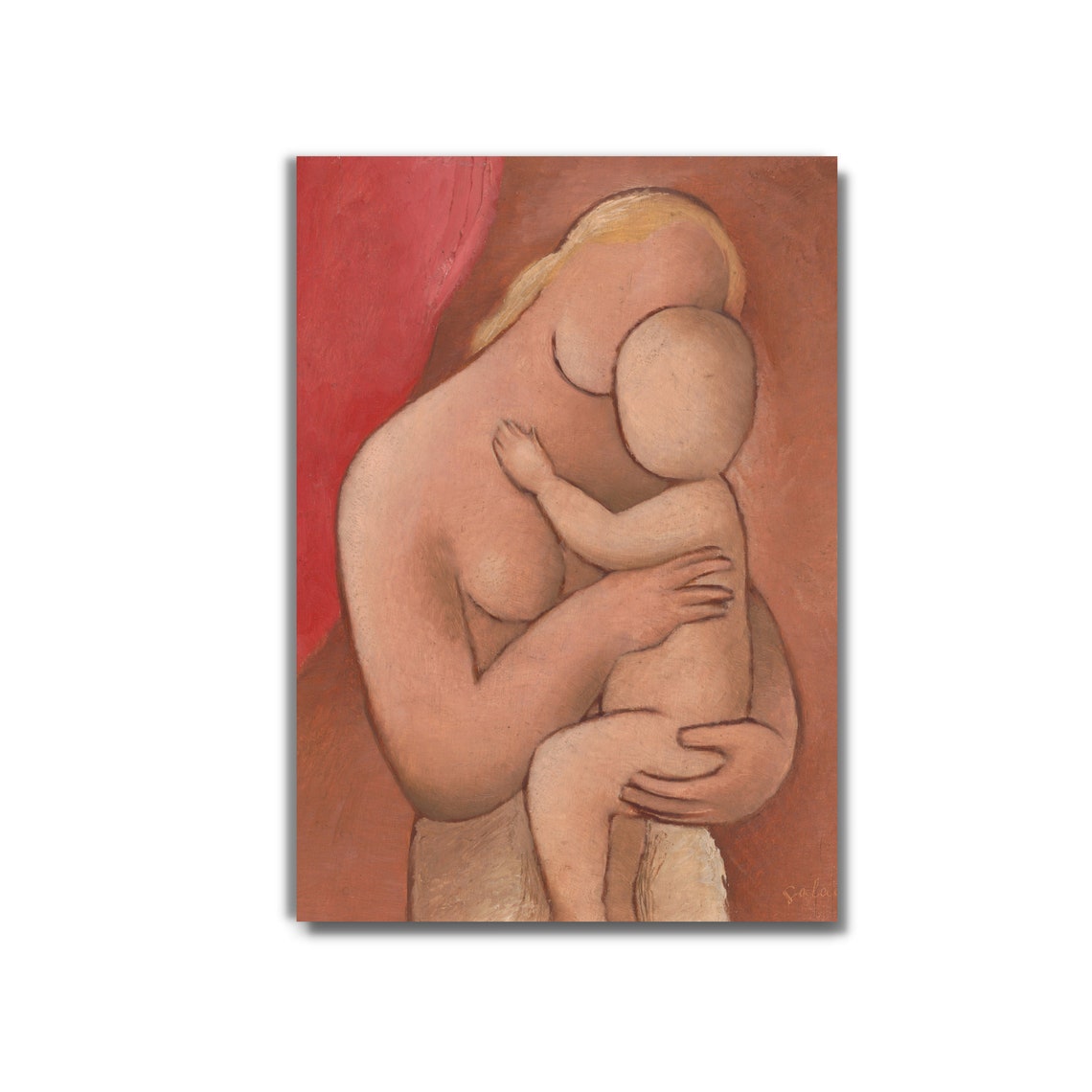 Mother and Child Embrace Expressionist Painting in Warm Reds Wall Art - Image 2