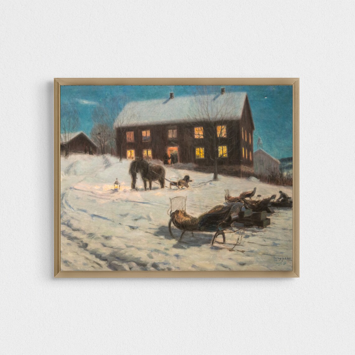 Horse-Drawn Sleighs at Night Outside Lit Country House Poster - Image 2