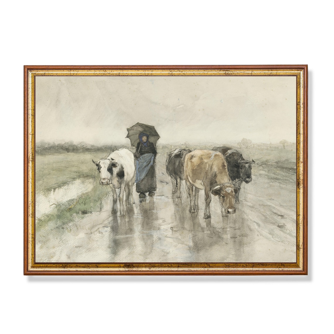 Woman with Umbrella Leading Cows in Rain Vintage Dutch Scene Poster