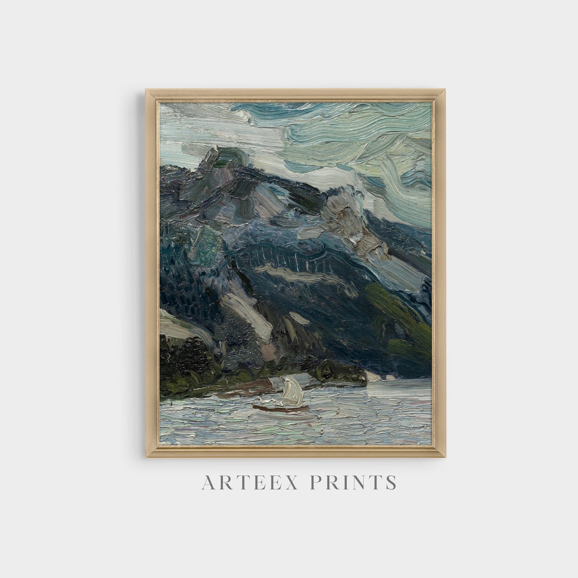 Sailboat Beneath Dark Mountains Expressive Impasto Lake Scene Poster - Image 4