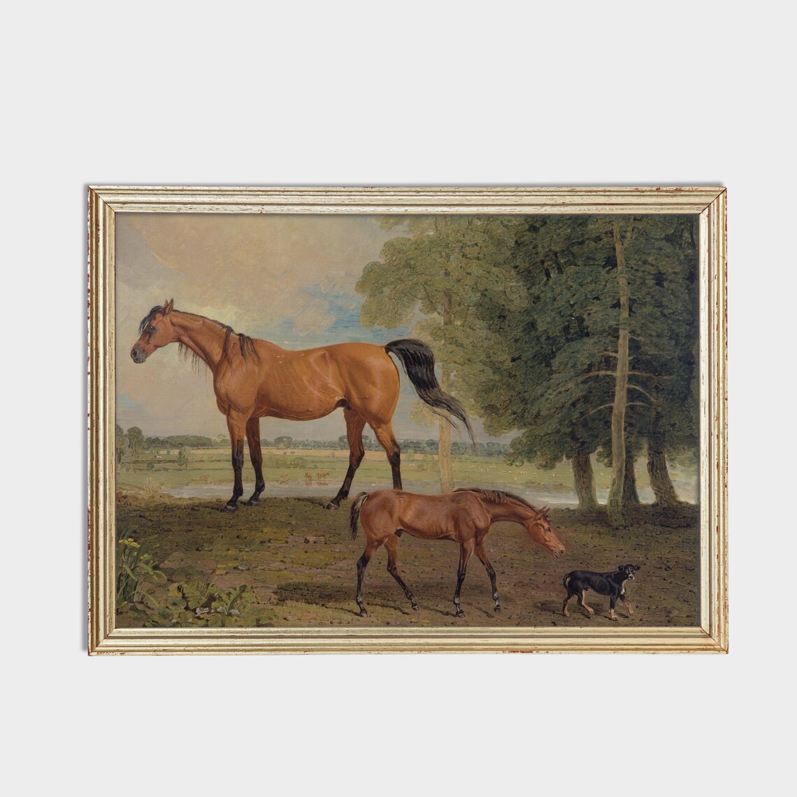 Chestnut Mare Foal and Dog in a Field Vintage Horse Painting Poster - Image 2