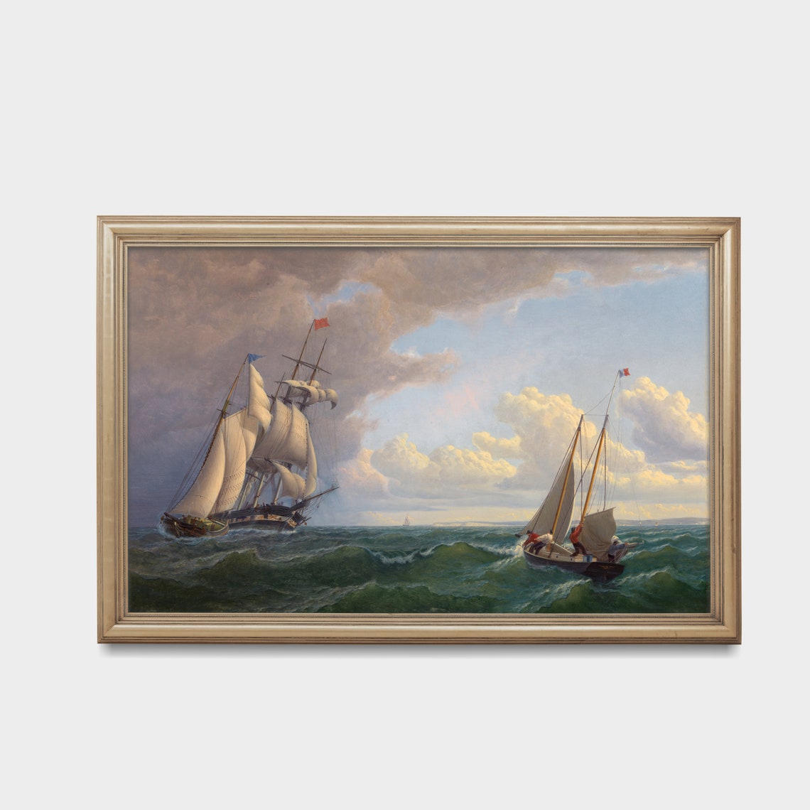 Tall Ship and Sloop Sailing Together on Rolling Waves Poster - Image 2