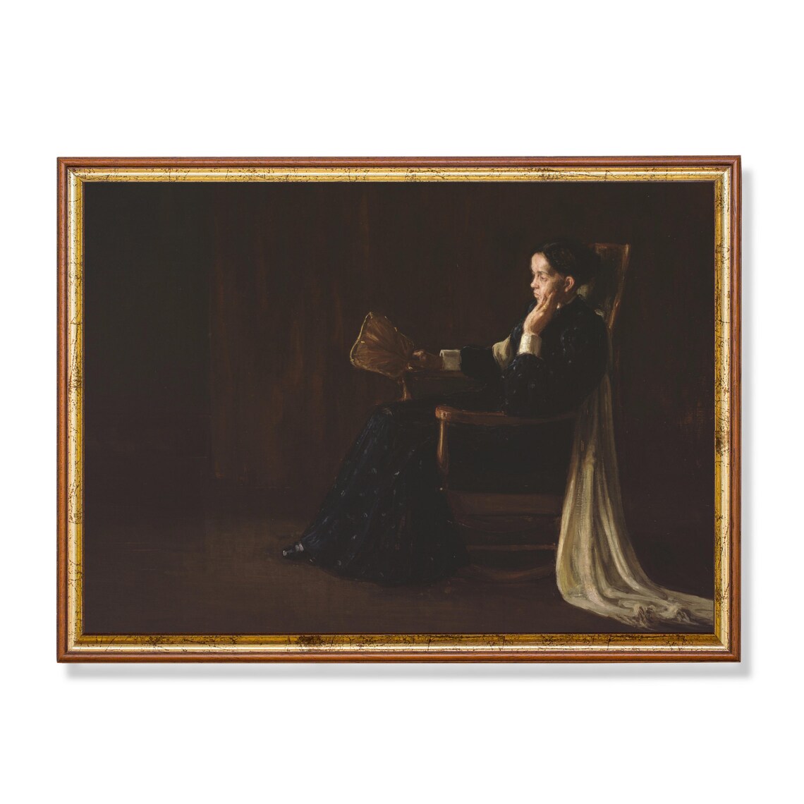 Seated Woman Holding a Fan Moody Dark Vintage Portrait Poster