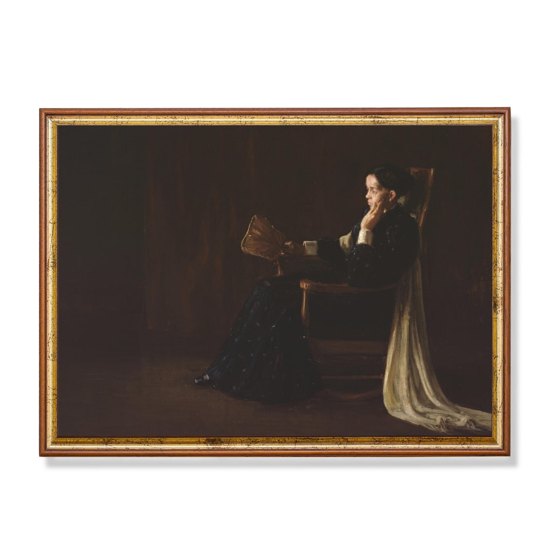 Seated Woman with Fan in Dark Room Moody Portrait Painting Poster