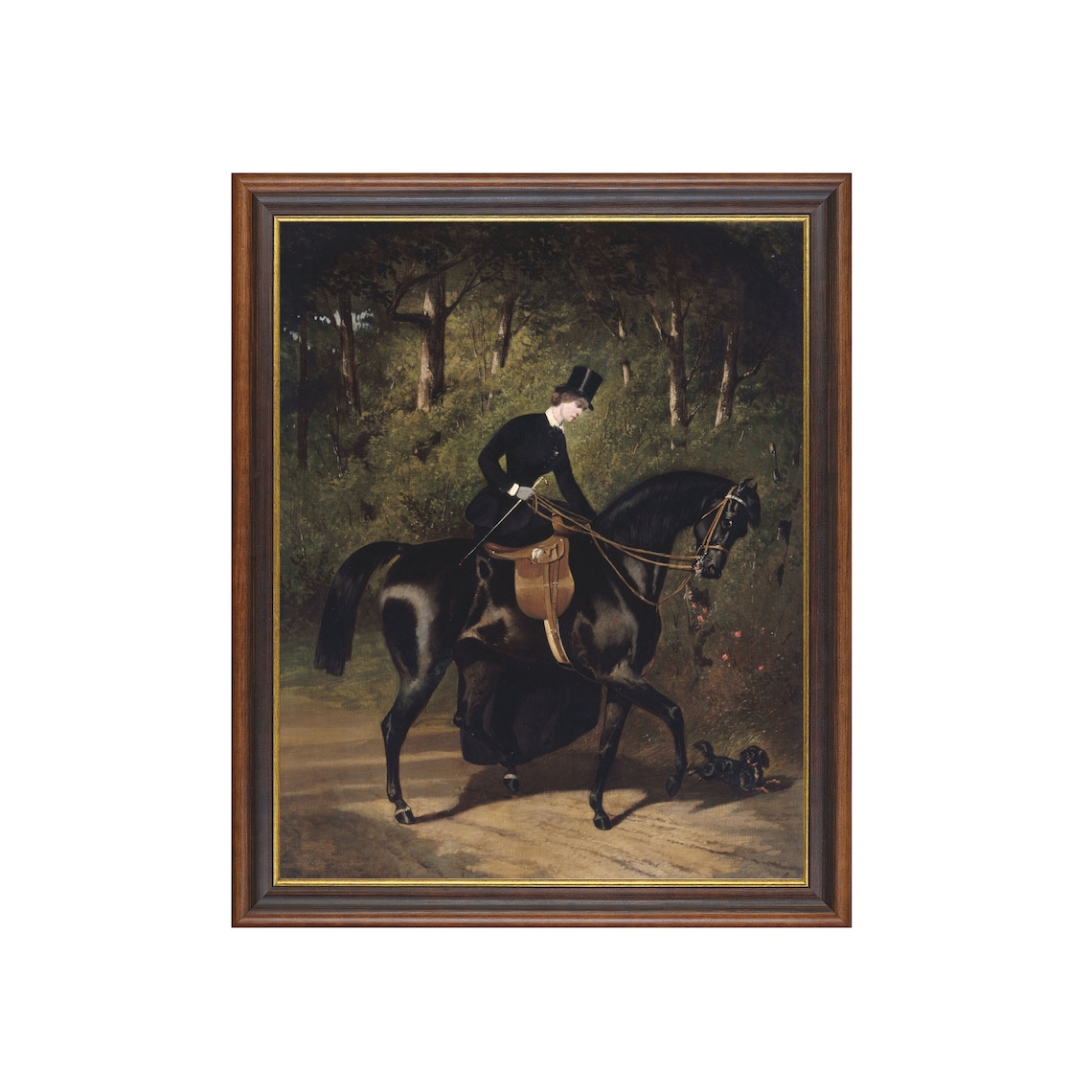 Lady in Black Riding Habit and Top Hat in Forest Vintage Poster