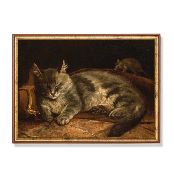 Printed And Shipped Vintage Cat Painting Antique Animal Print Grey Cat And Rat Farmhouse Decor Moody Rustic Art Physical Prints