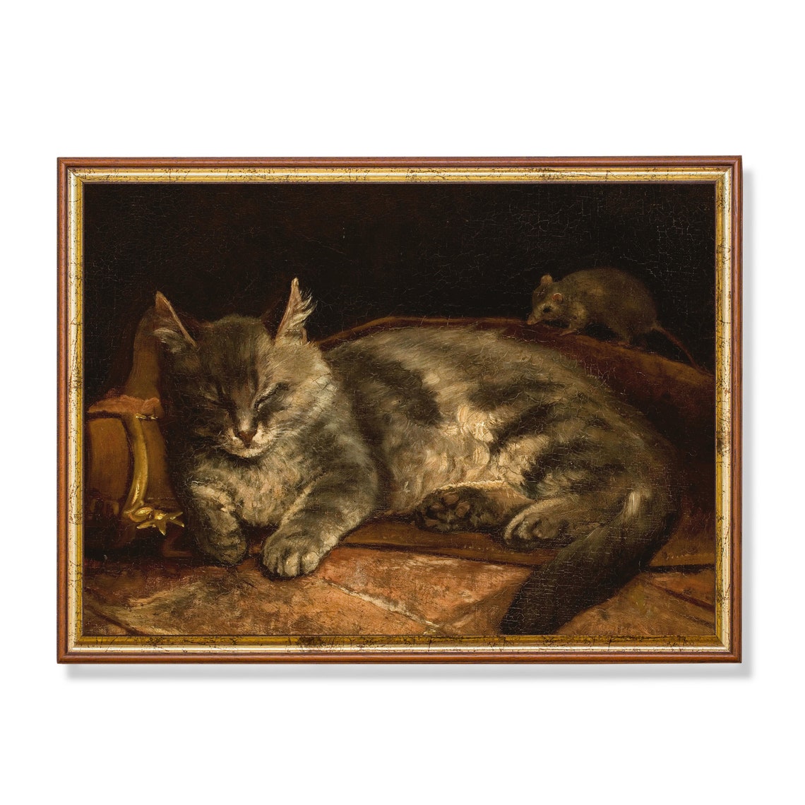 Sleeping Grey Cat With A Mouse On Its Back Vintage Animal Poster