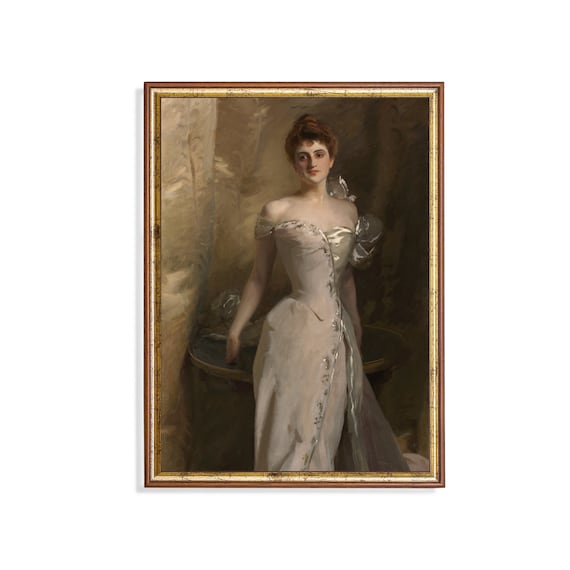 Elegant Lady in a White Satin Evening Gown Standing Vintage Poster