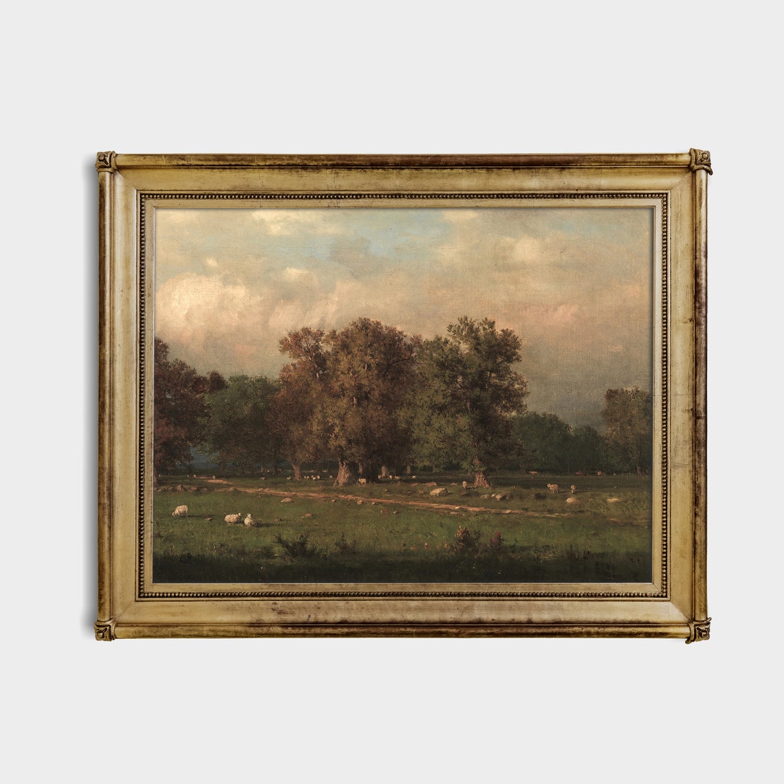 Sheep Grazing Under Sunset Clouds Vintage Pastoral Landscape Poster - Image 4