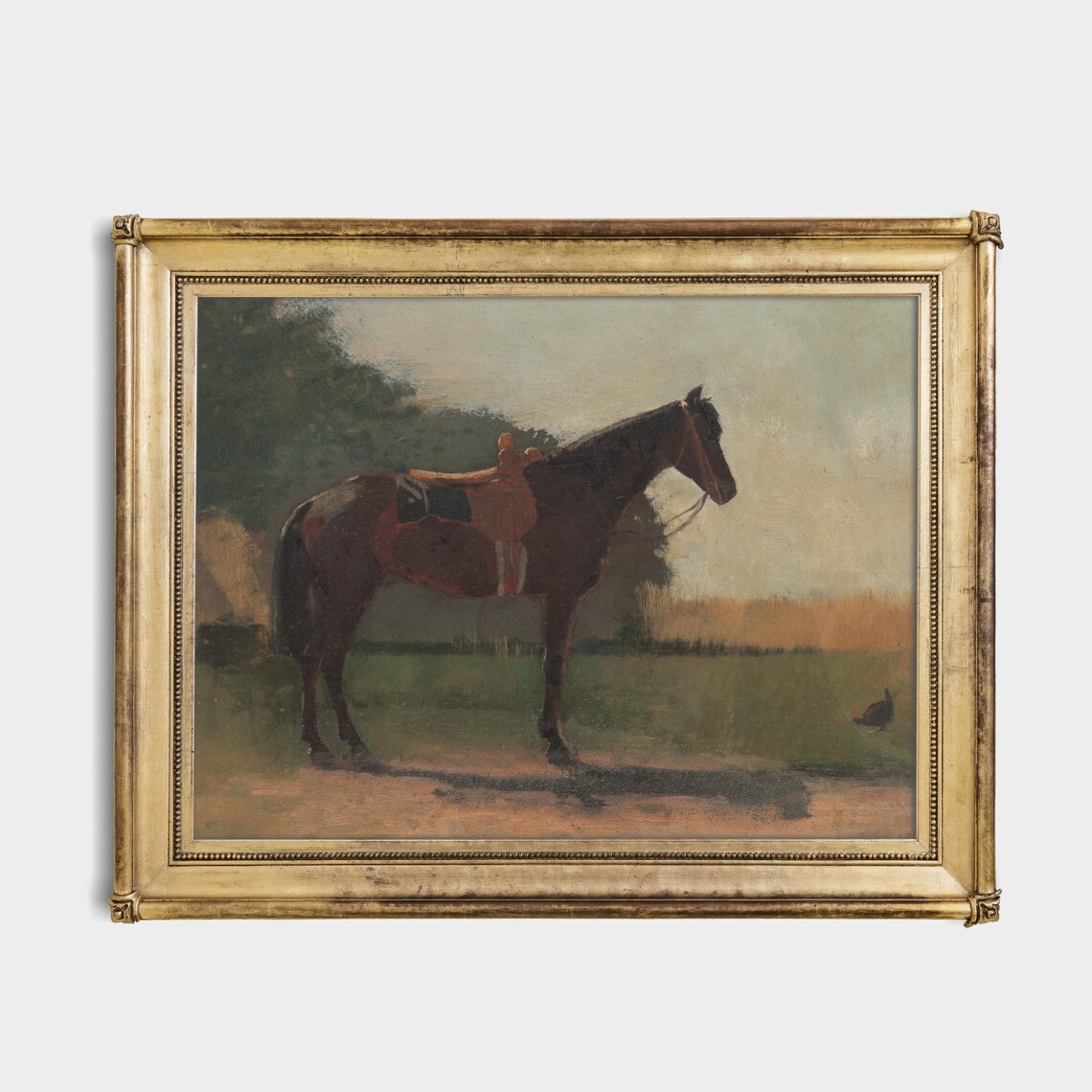 Saddled Bay Horse Standing in a Quiet Pasture Painting Poster - Image 4