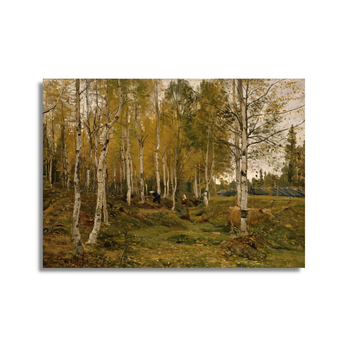 Autumn Birch Forest with Figures Gathering Vintage Painting Poster - Image 2