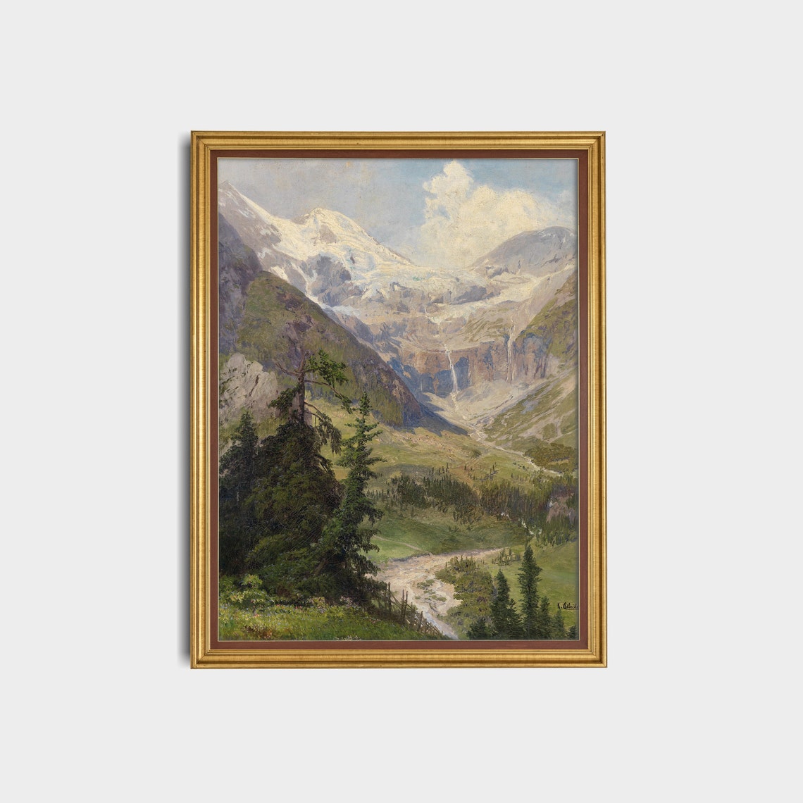 Snow-Capped Alpine Valley with Waterfall Vintage Mountain Poster - Image 3