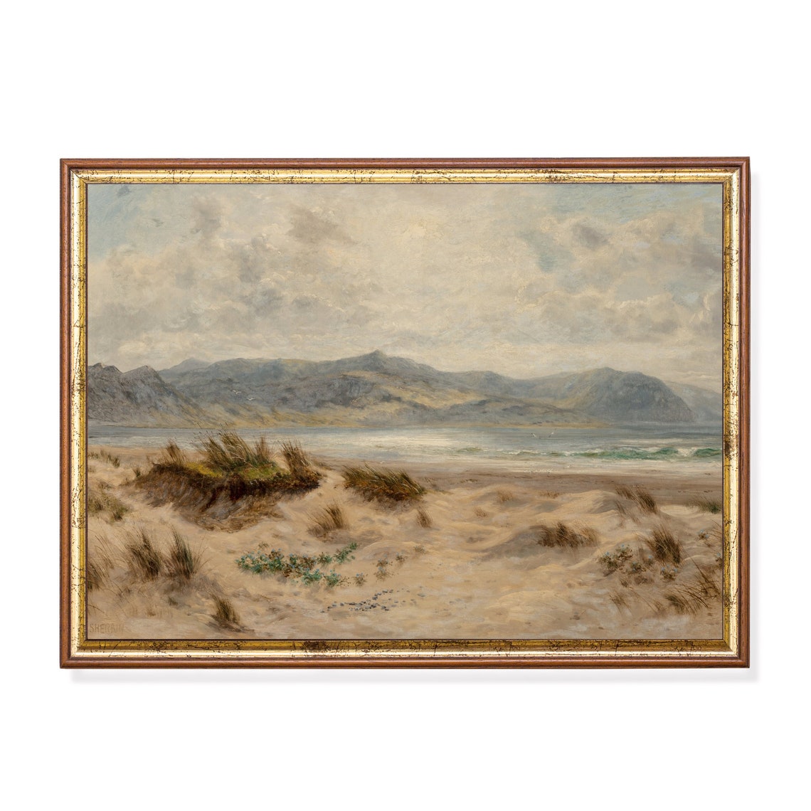 Sandy Dunes And Distant Mountains Vintage Coastal Seascape Poster