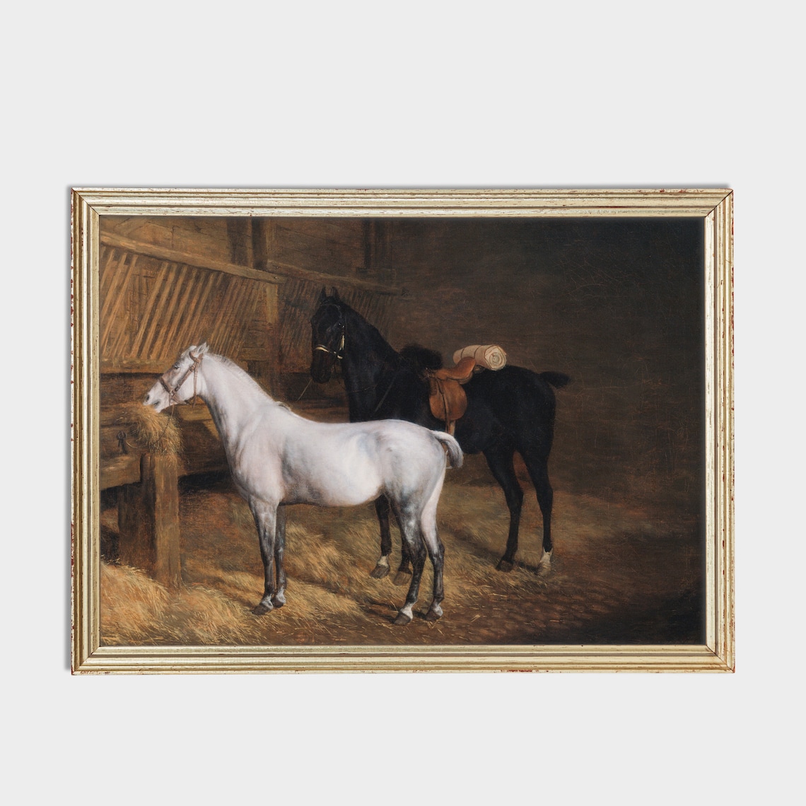 White and Black Saddled Horses Eating Hay in a Stable Poster - Image 2
