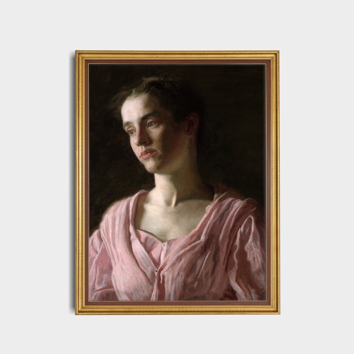 Moody Woman Portrait in a Pink Blouse on a Dark Background Poster - Image 3