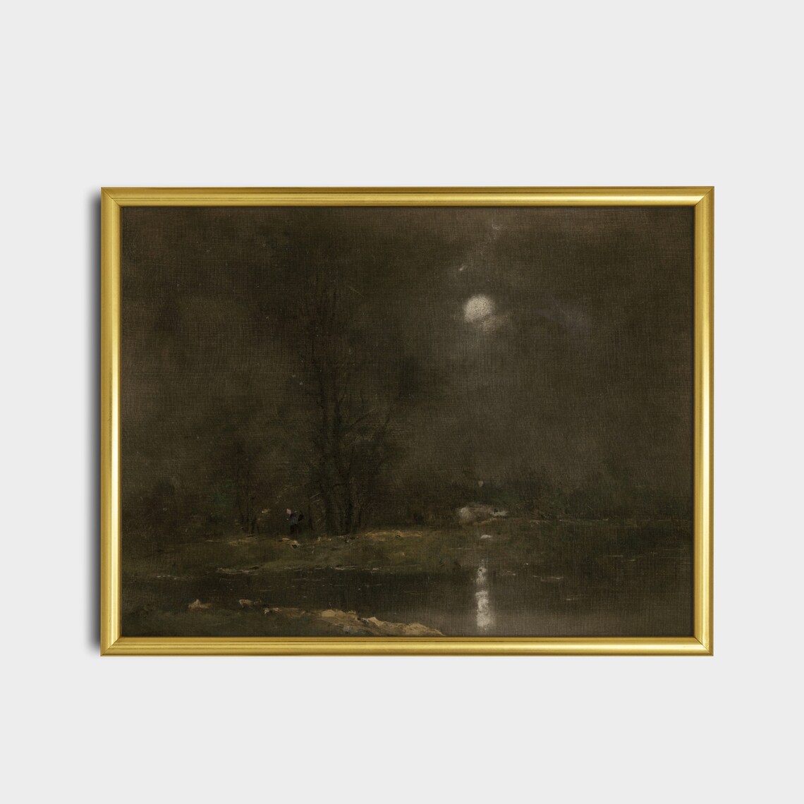 Moonlit River at Night with Figure Antique Moody Nocturne Painting Poster - Image 2