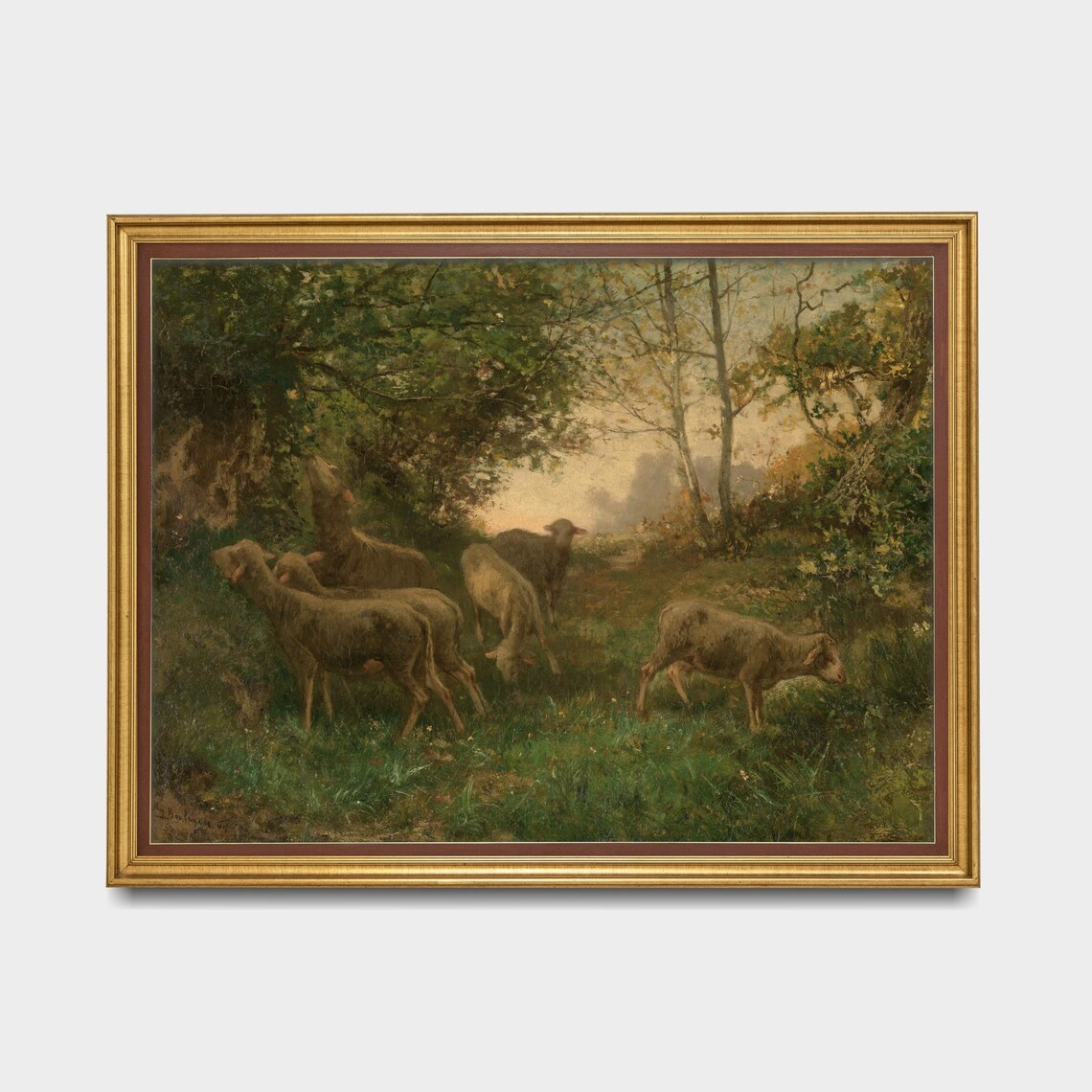 Flock of Sheep Grazing in a Woodland Clearing Landscape Poster - Image 5