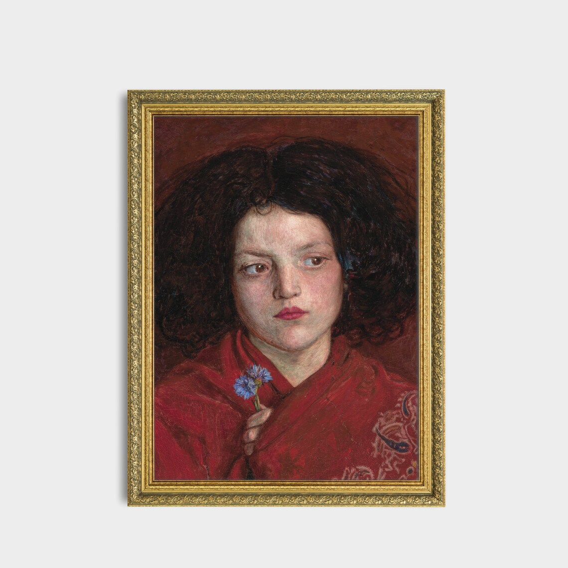 Girl in a Red Shawl Holding a Blue Cornflower Vintage Art Poster - Image 3