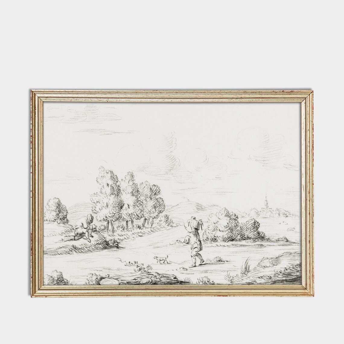 Antique Pastoral Countryside Sketch With Figures Church Spire Poster - Image 3