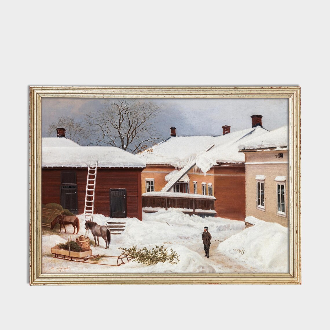 Snowy Farmyard Horses Sleigh Icicle Roofs Winter Scene Poster - Image 3