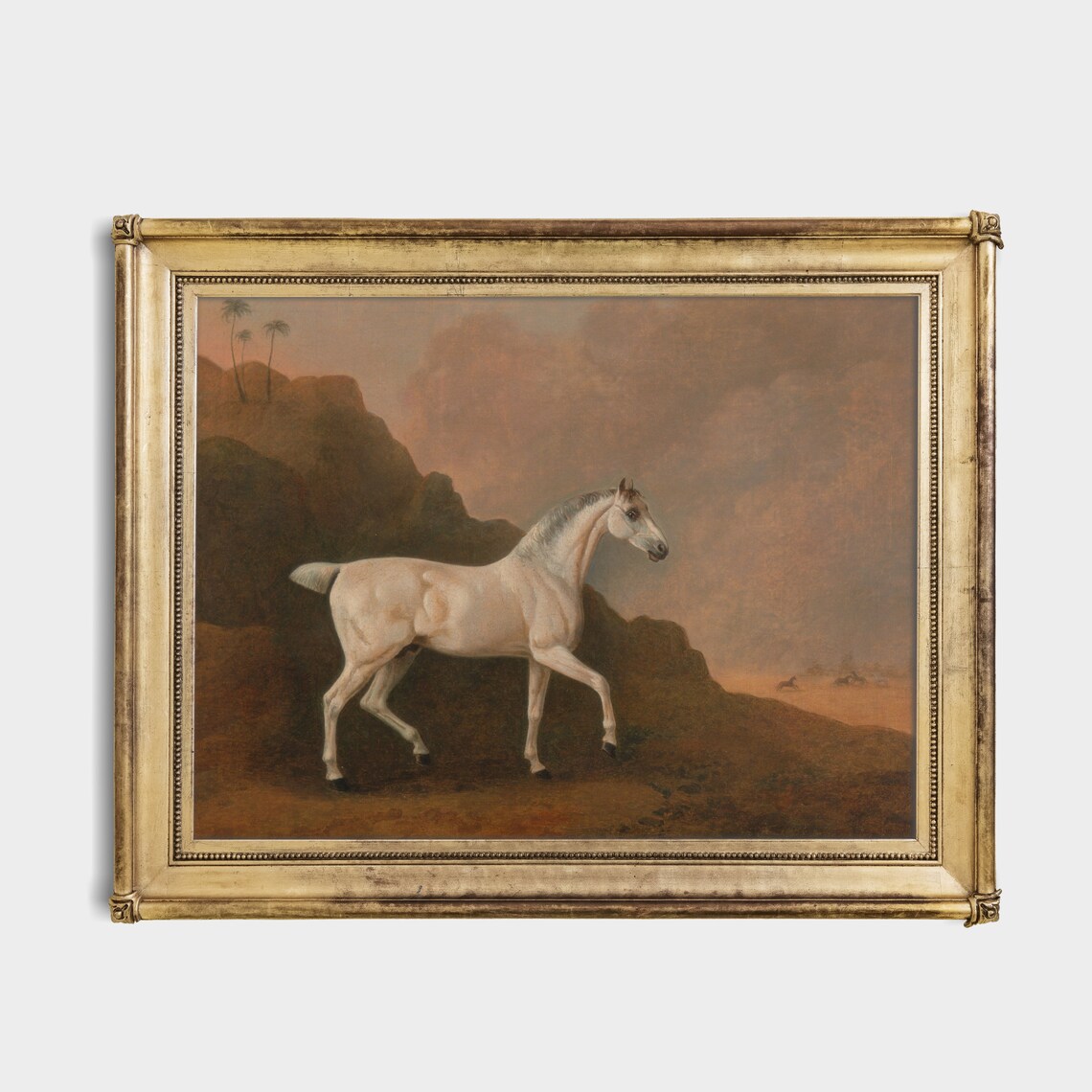 Antique White Horse Trotting Through Desert Landscape Art Poster - Image 2