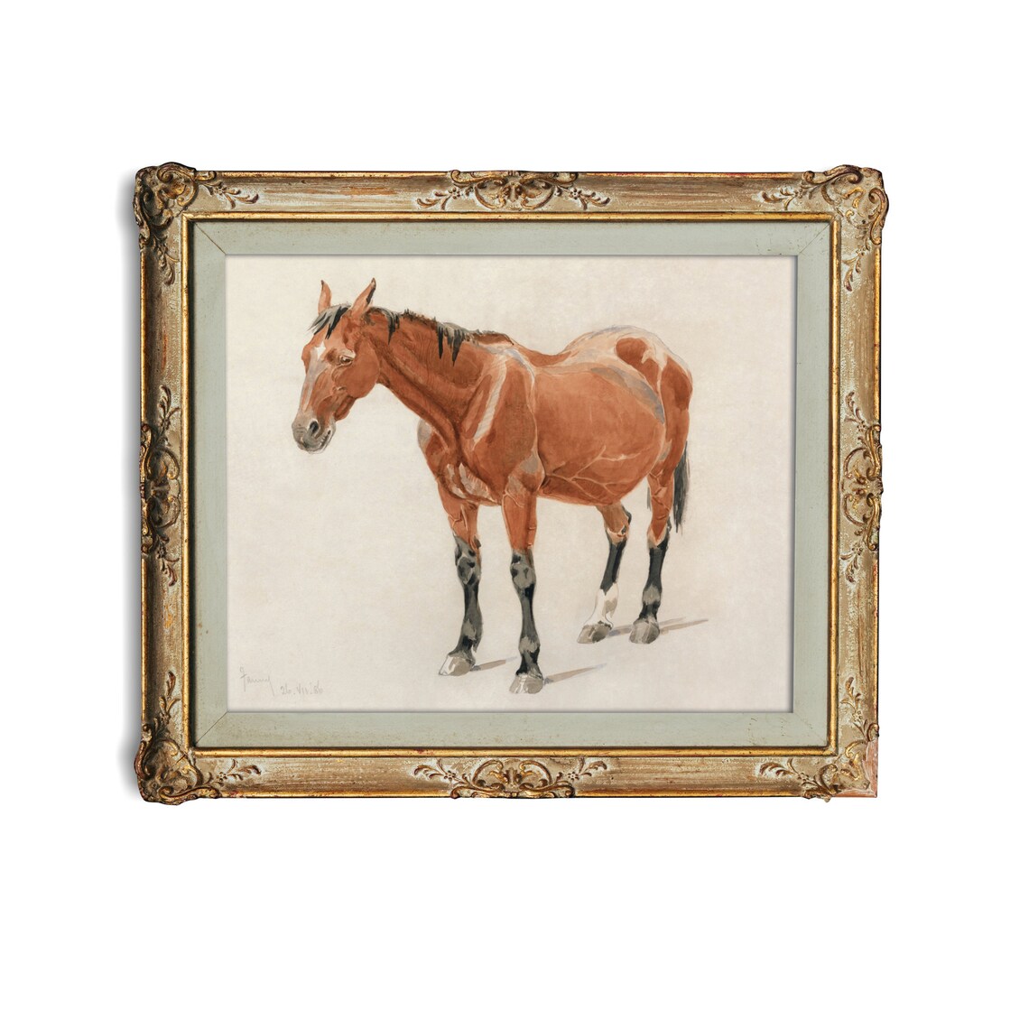 Chestnut Horse Standing Antique Equestrian Watercolor Study Poster - Image 2
