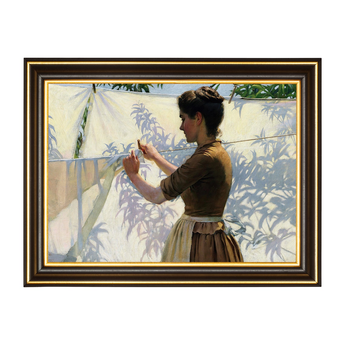 Woman Hanging Sunlit Laundry with Leaf Shadows Washday Scene Poster - Image 3
