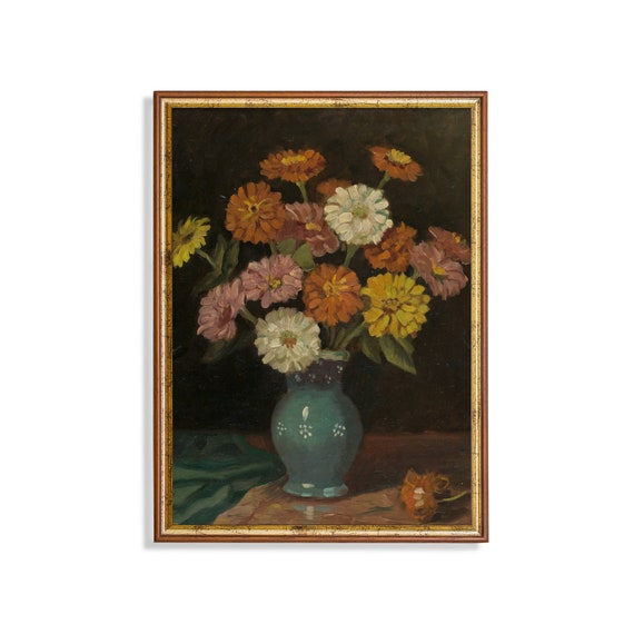 Vintage Still Life With Flowers Antique Floral Painting Wall Art Rustic Moody Fine Art Farmhouse Decor