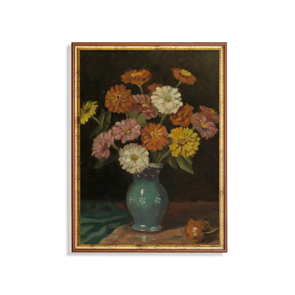 Autumn Zinnia Bouquet in a Blue Green Vase Still Life Poster