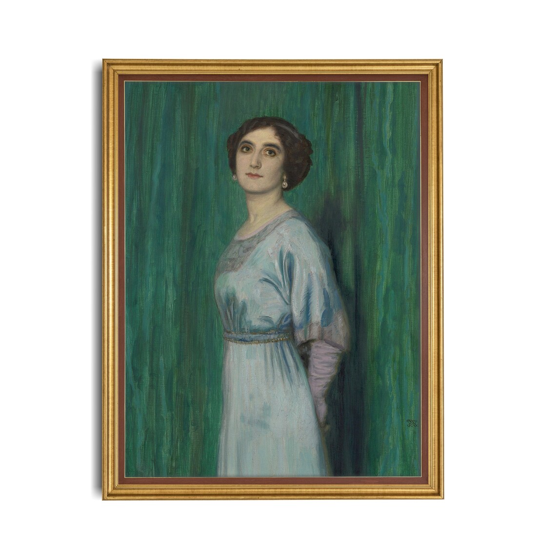 Elegant Woman In Pale Blue Dress Against Green Vintage Portrait Poster - Image 2