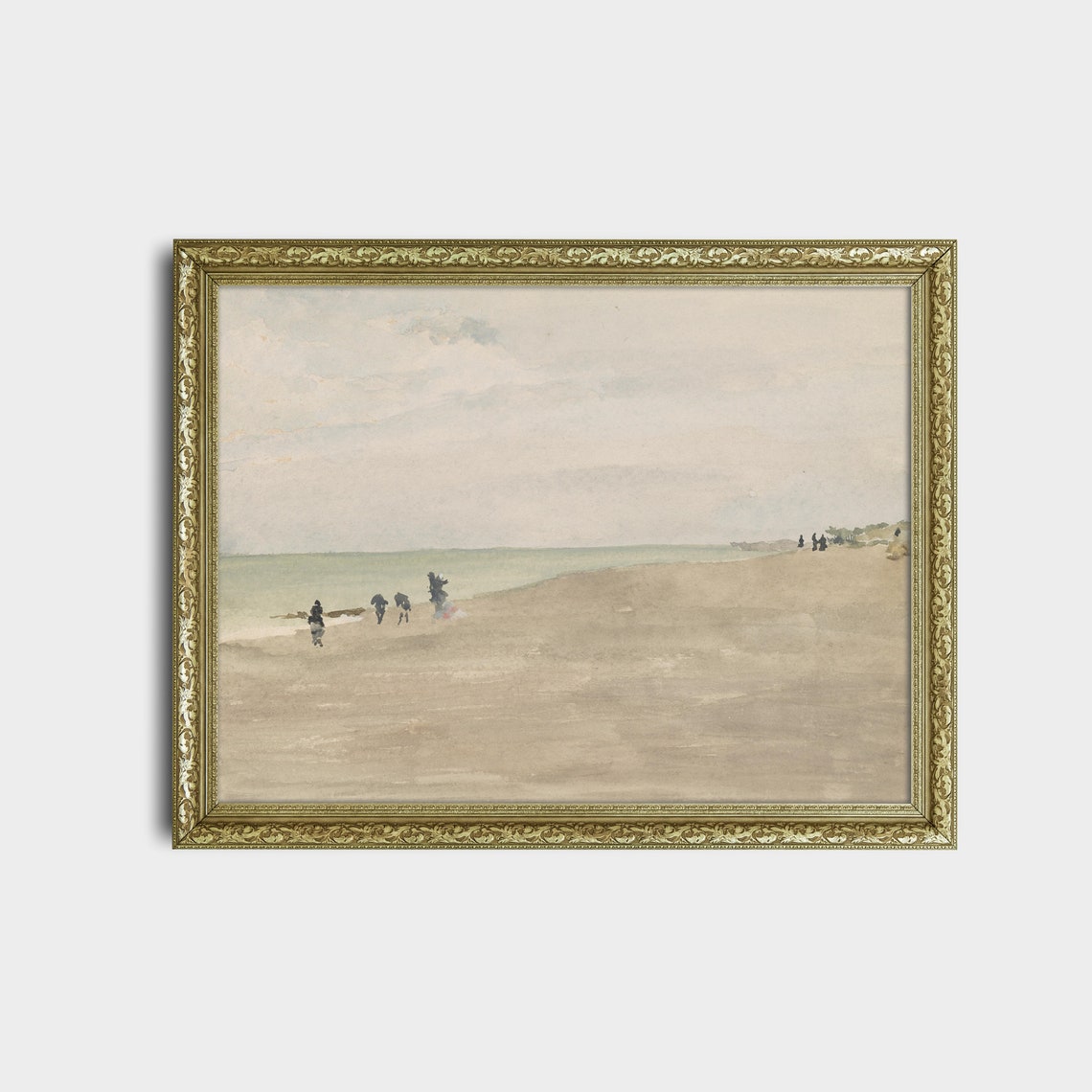 Minimalist Pale Beach Watercolor Painting with Tiny Figures Poster - Image 2
