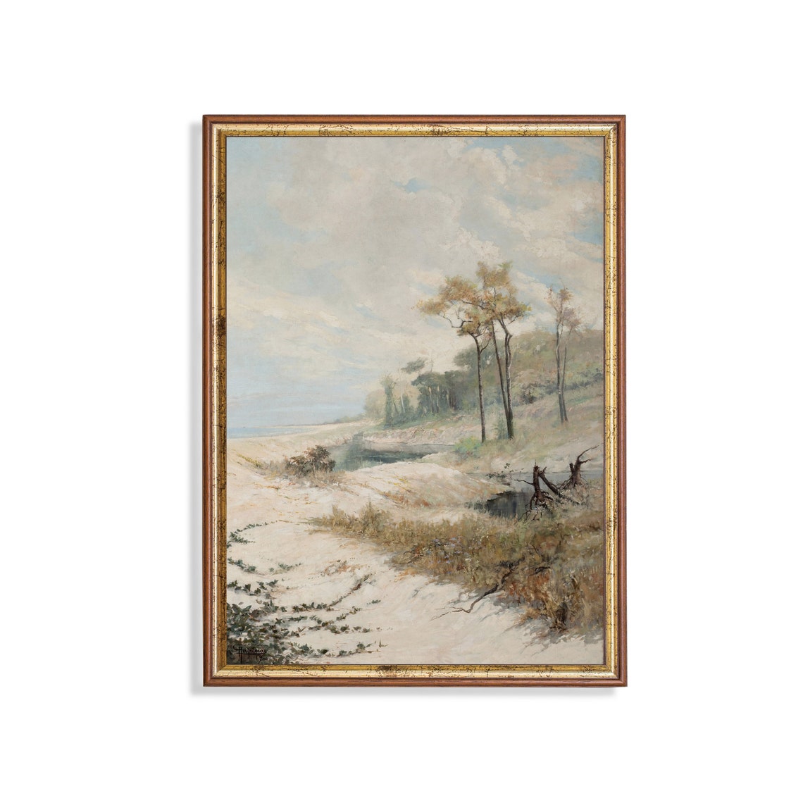 Misty Beach Dunes with Pine Trees Serene Vintage Landscape Poster