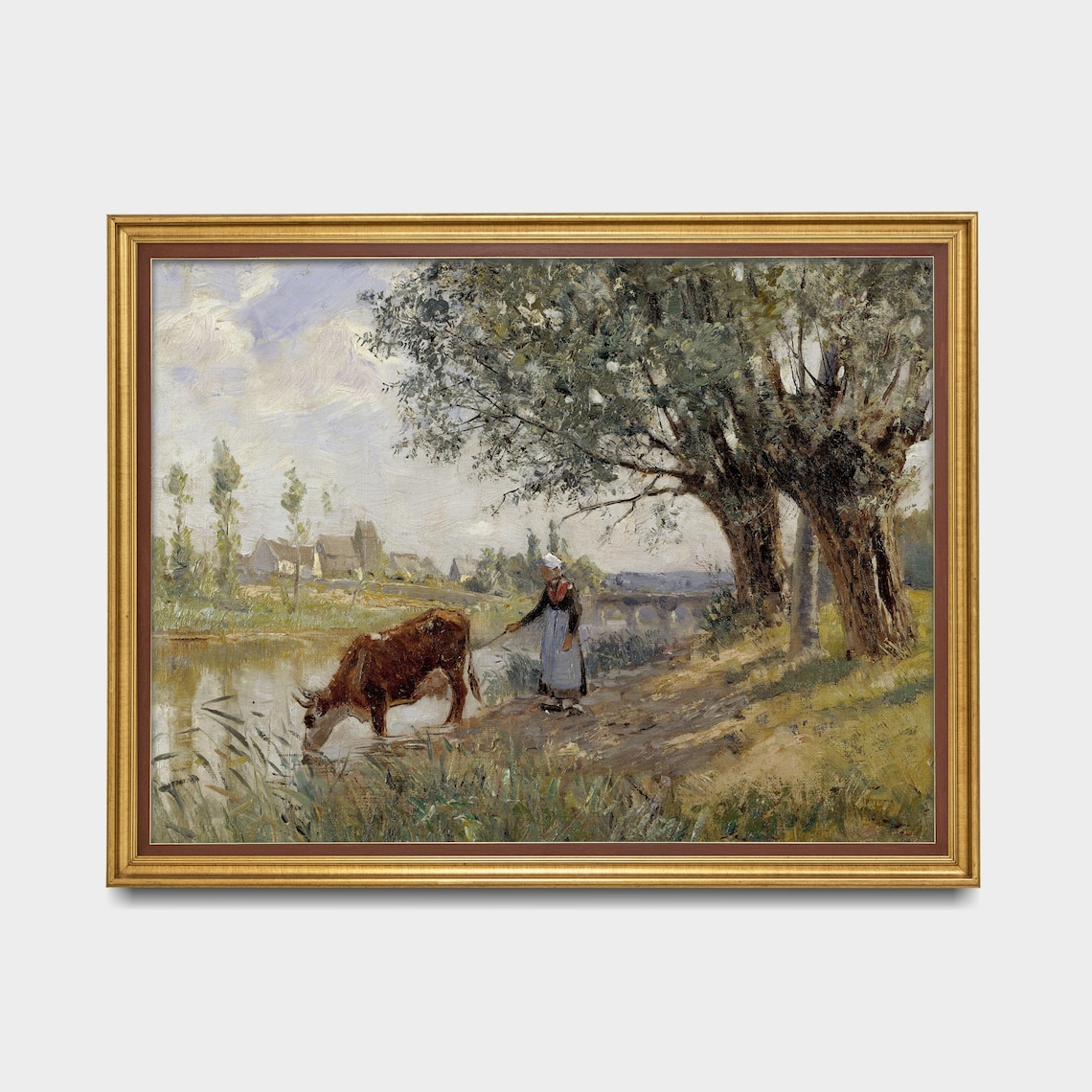 Milkmaid with a Cow Drinking at the Riverbank Impressionist Poster - Image 3