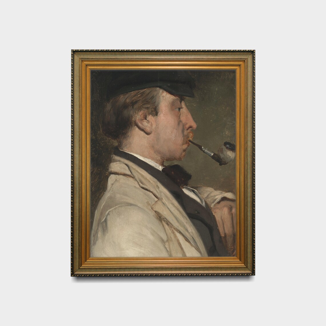 Profile Portrait of a Man Smoking a Pipe in a Dark Flat Cap Poster - Image 2