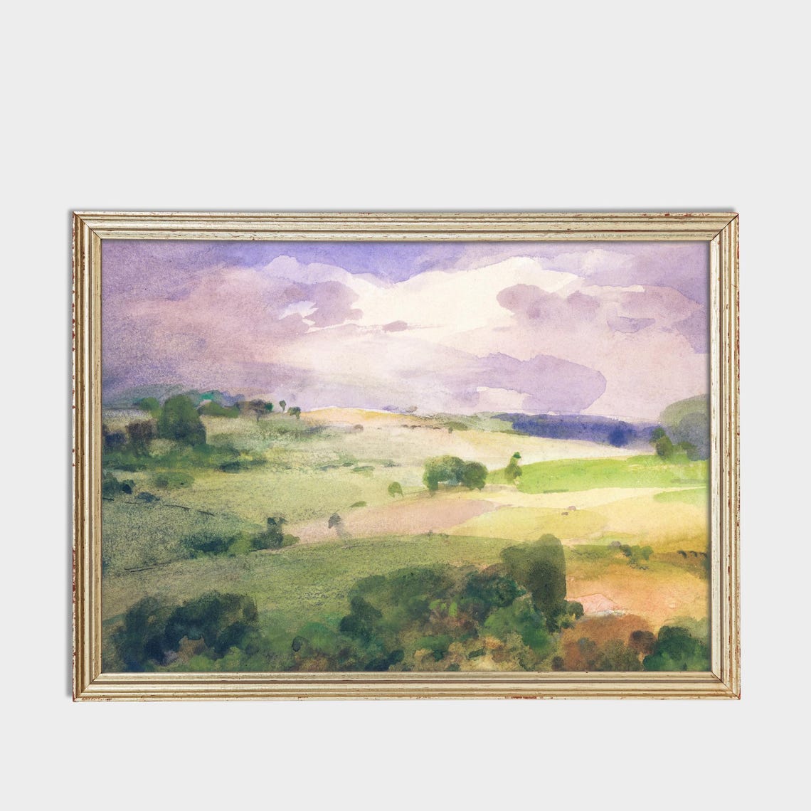 Serene Rolling Hills Soft Purple Clouds Watercolor Landscape Poster - Image 3