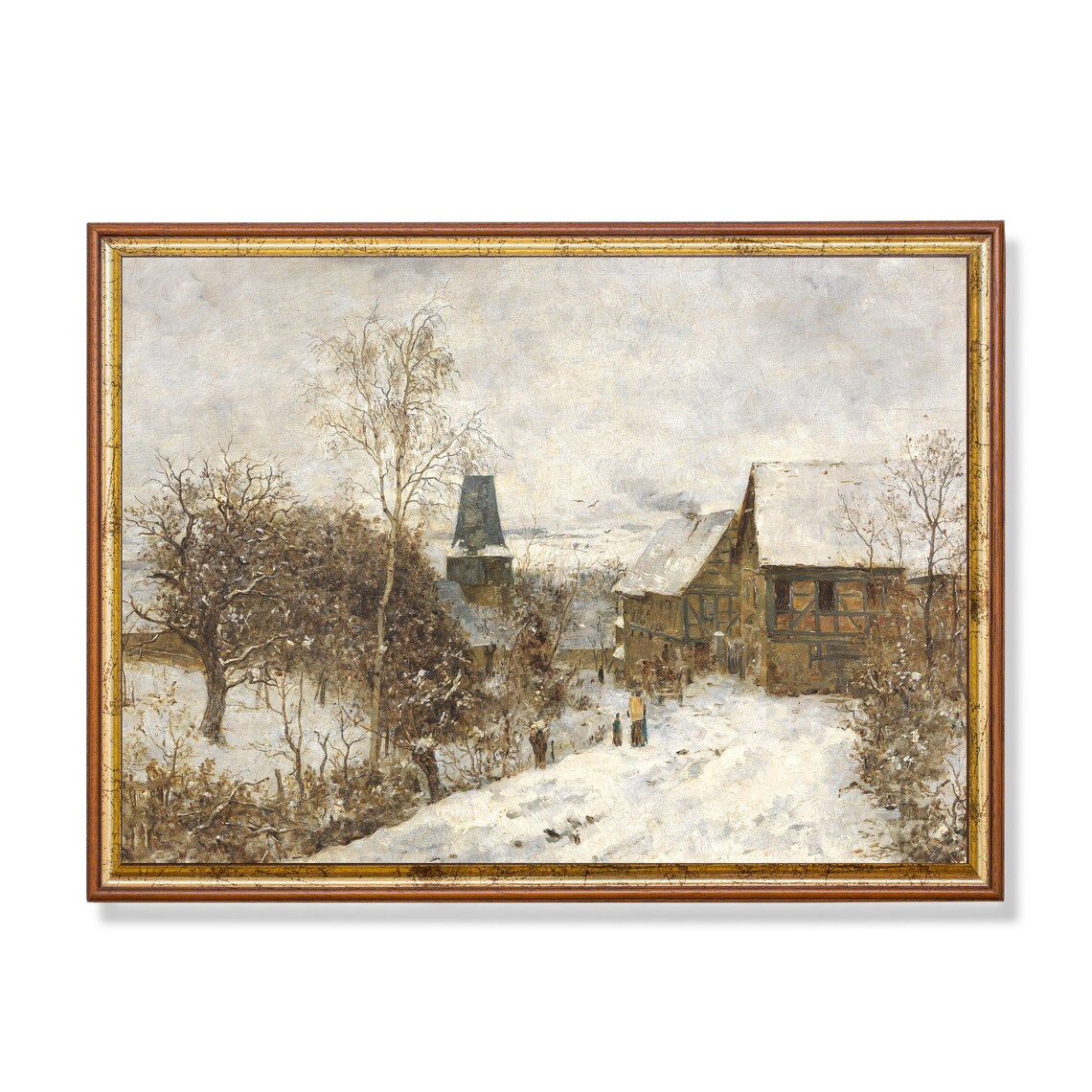 Snowy Village With a Church Spire Vintage Winter Scene Poster