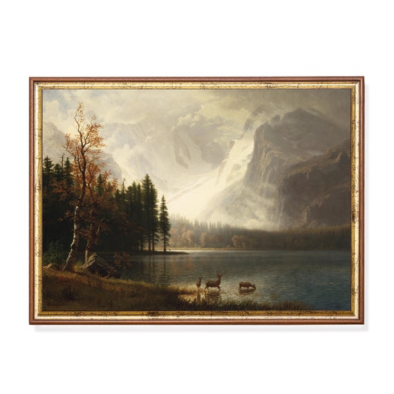 Printed And Shipped Vintage Mountain Landscape Painting Antique Lake Print Rustic Mountain Print Farmhouse Decor Physical Prints