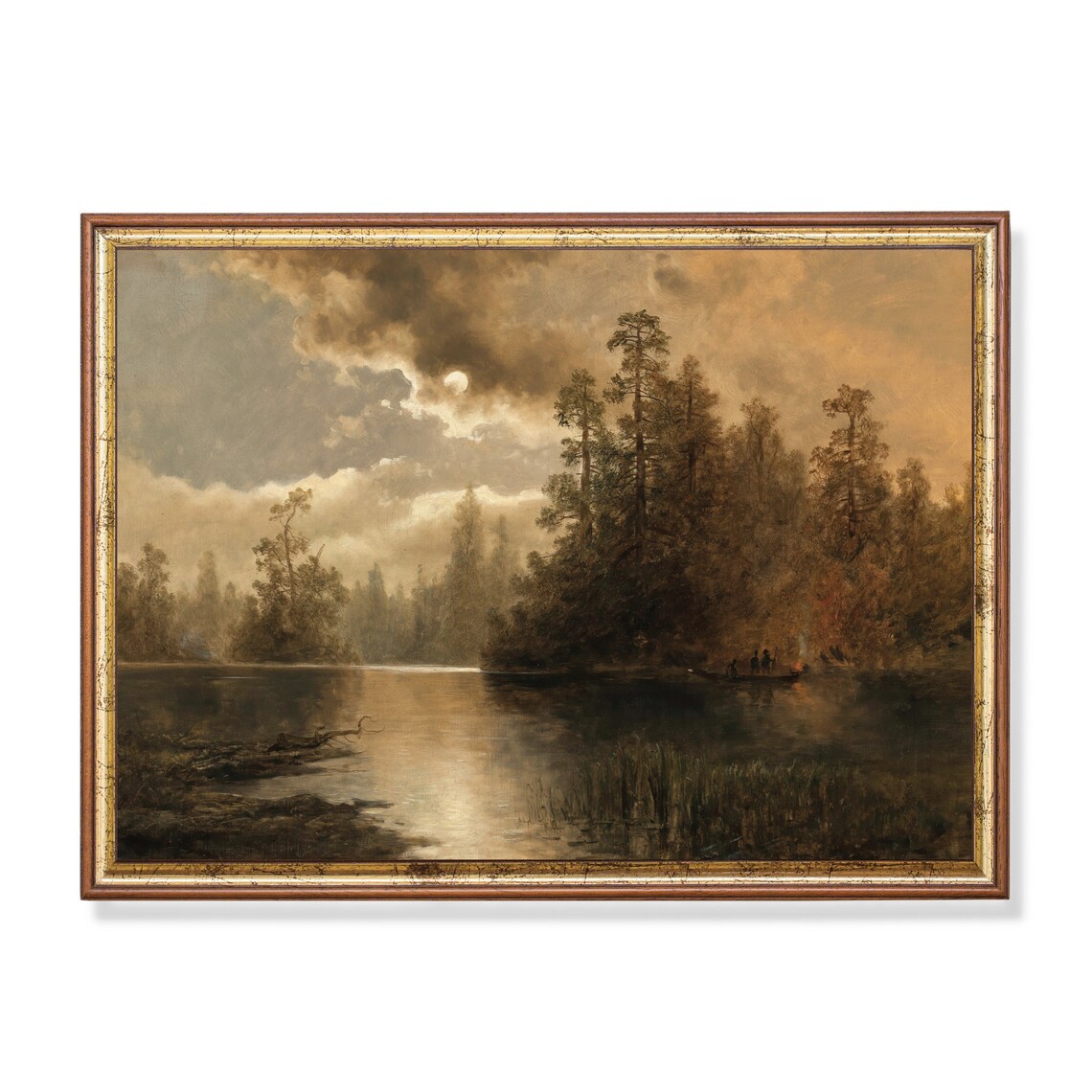 Moonlit Lake with Tall Pines and a Small Canoe Vintage Poster