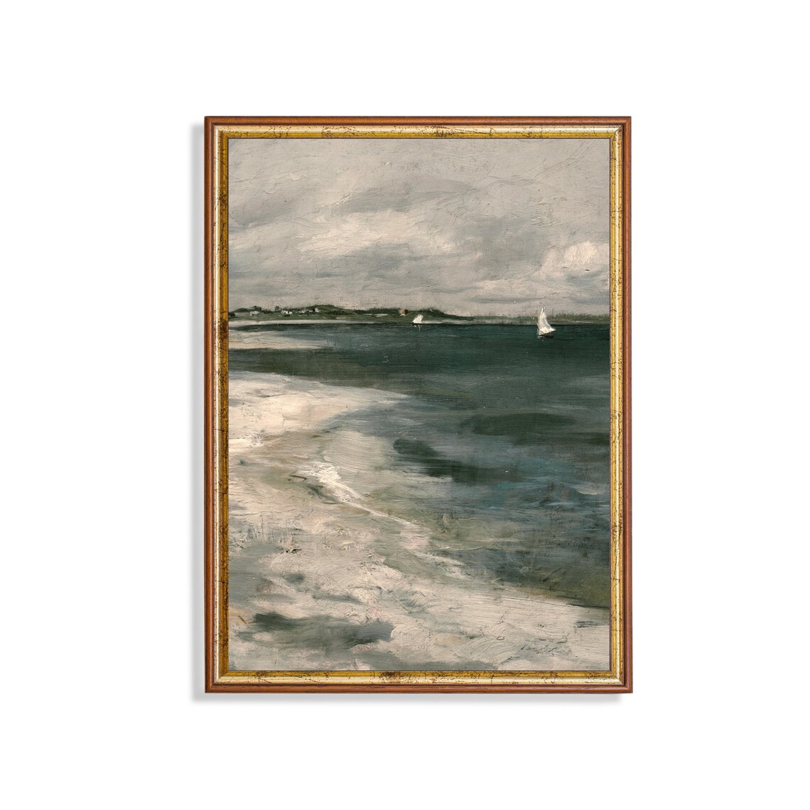 White Sailboats on a Gray Overcast Sea Coastal Painting Poster