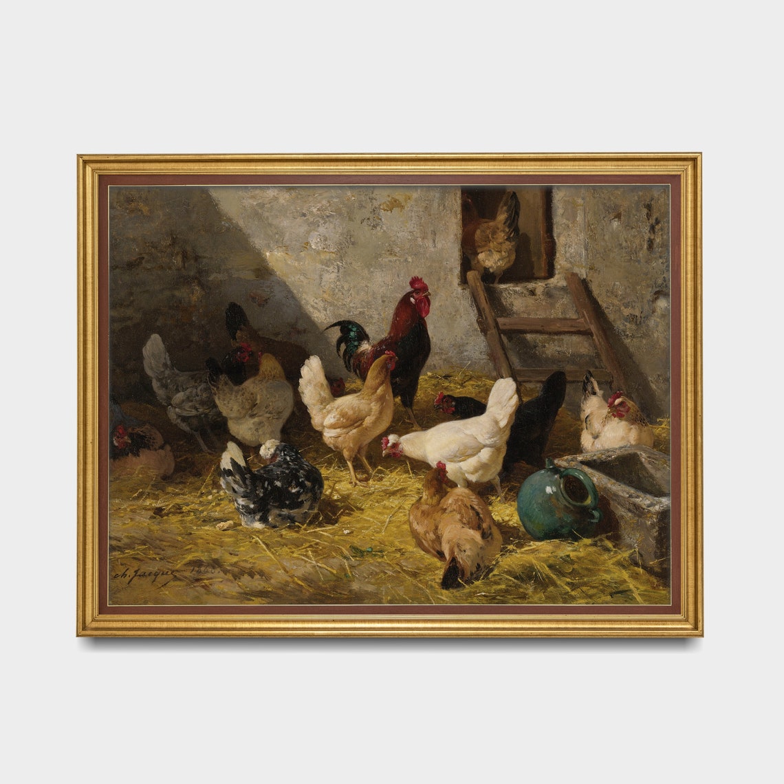Rooster Painting Vintage Hen Print Dark Moody Rustic Oil Painting Farmhouse Animal Antique Art Wall Art - Image 5