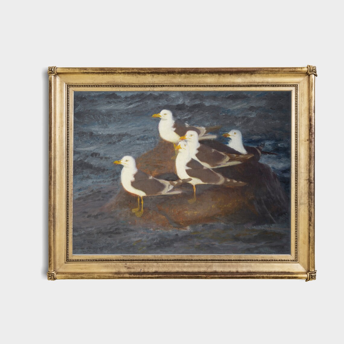 Seagulls Gathered on a Dark Rock by the Sea at Dusk Antique Poster - Image 4