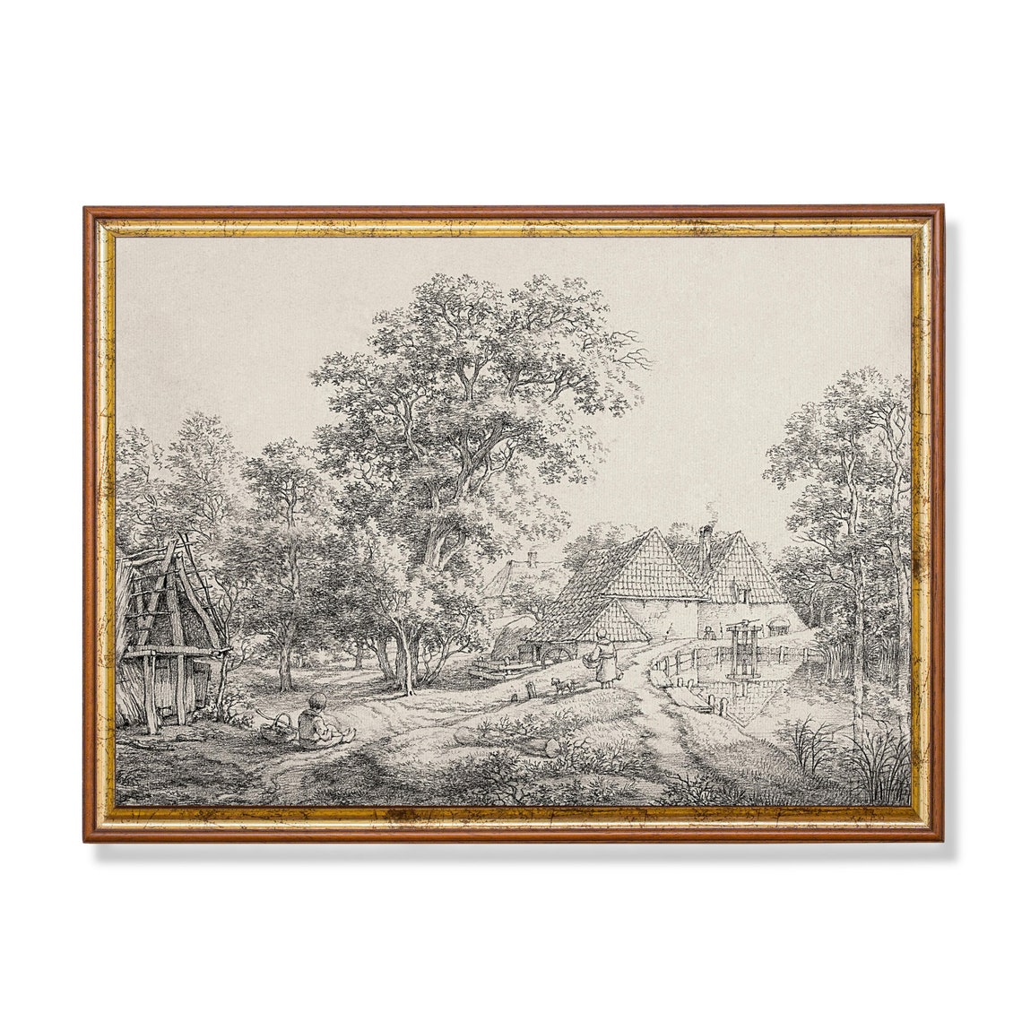 Country Village Sketch with Cottages Antique Etching Artwork Poster