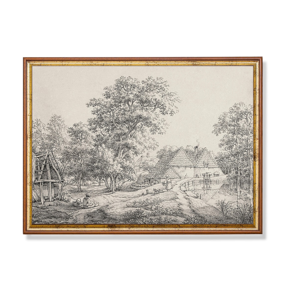 Dutch Farmhouses With Grand Oak Tree Antique Pen Etching Poster