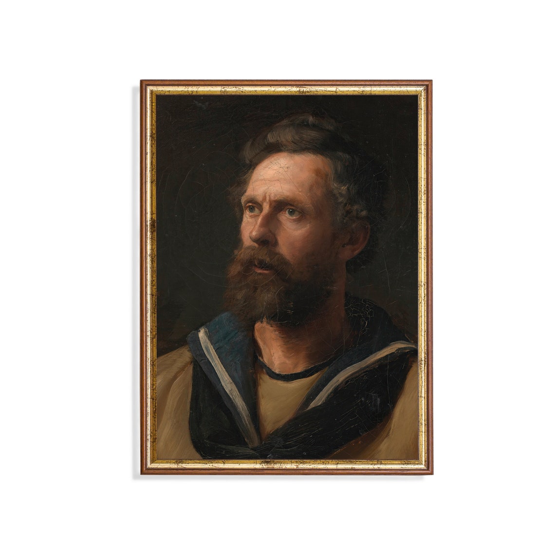 Bearded Sailor Portrait with Navy Collar Dark Background Oil Poster